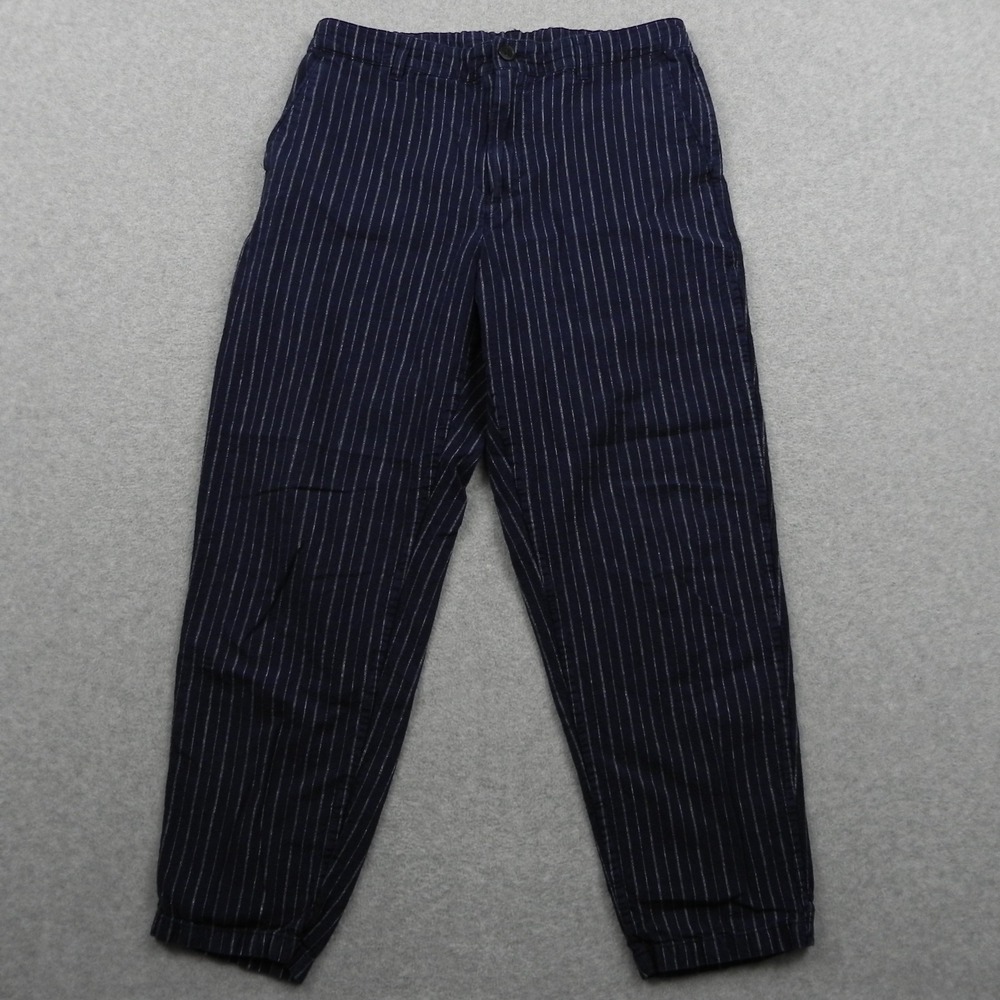 Uniqlo Pants Womens Large Linen/Cotton Chino Casual Taper Flat Front Blue Stripe